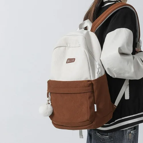Vista 3 de Verdancy Mochila retro de pana para adolescentes, escuela, universidad, viajes, vintage, estética, mochila kawaii, mochila escolar casual, Marrón