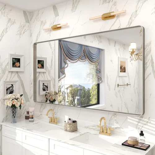 Vista 12 de Paquete de 2 espejos de baño con marco de metal negro de 22 x 30 pulgadas, espejo rectangular redondeado negro mate, antioxidante, se cuelga