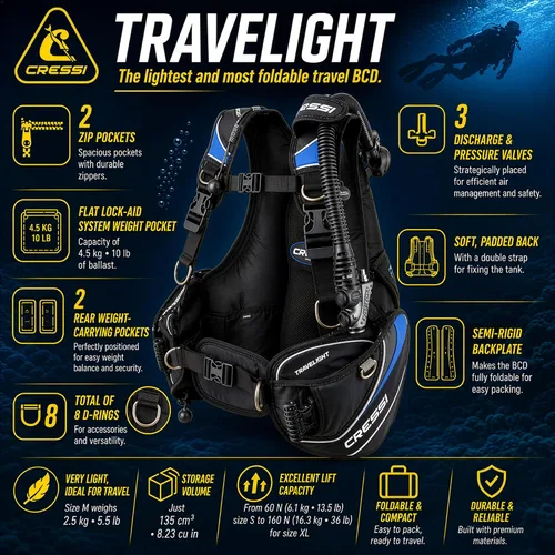 Vista 5 de Cressi Travelight - Paquete de buceo de 15 libras para computadora de buceo, bolsa regular de buceo GupG y antorcha de buceo Kraken