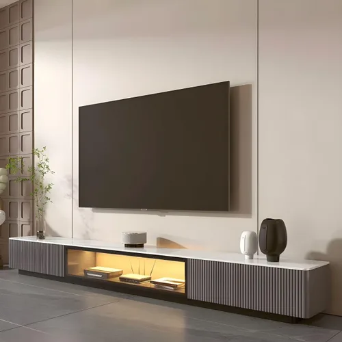 Vista 10 de LAKIQ Moderno soporte de TV de piedra con cajones de almacenamiento, consolas multimedia, sala de estar, centro de entretenimiento de pie con Champán