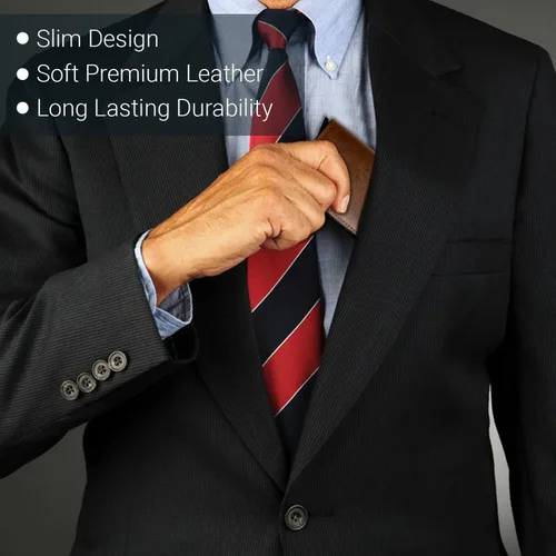 Vista 4 de STM Leaders Tarjetero delgado billetera con bloqueo RFID, cartera de cuero automática desplegable triple cartera de aluminio cartera de visita