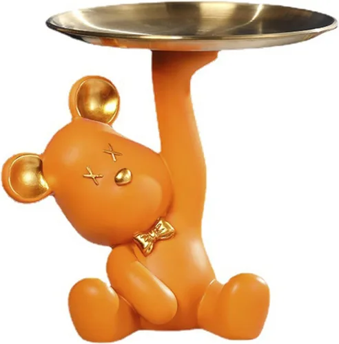 Vista 10 de Escultura de oso de dibujos animados de resina con bandeja de metal, bandeja de almacenamiento de figuras de animales, bandeja de almacenamiento