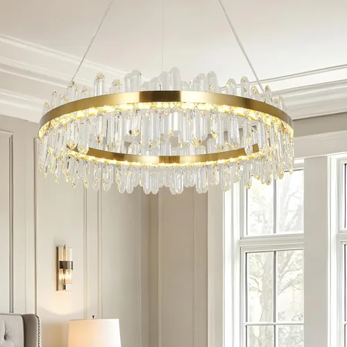 Vista 15 de Lámpara de araña de cristal moderna, luces colgantes cromadas, lámparas de techo con pantalla de acero inoxidable, para isla, comedor, sala