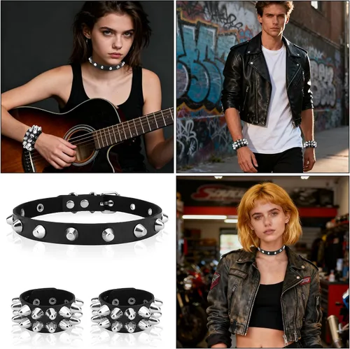 Vista 5 de Pulsera de Halloween, collares, accesorios de cuero con tachuelas, con tachuelas emo, punk, góticas, collares para mujeres y hombres