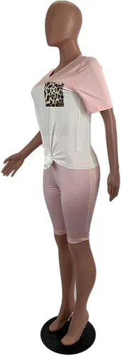 Vista 4 de Ophestin Conjunto casual de dos piezas para mujer, de manga corta, pantalones y ropa de descanso, ajuste ajustado, Leopard