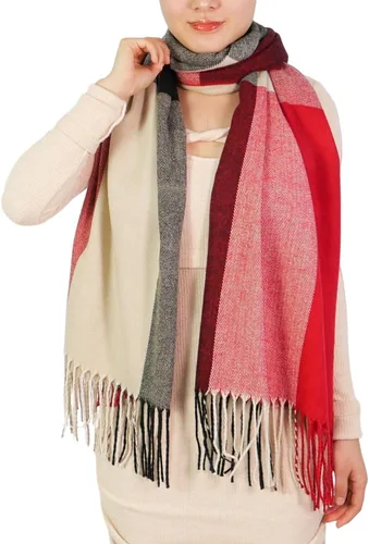 Vista 23 de Wander Agio Chal Largo de Moda para Mujer con Cuadrícula Grande, Bufanda Grande Cálida de Rejilla para Invierno Beige