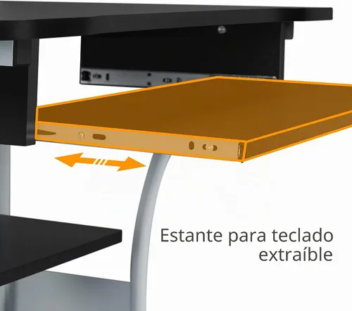 Vista 7 de Yaheetech Escritorio de computadora móvil de 2 niveles con estante para impresora y bandeja para teclado, mesa de computadora rodante para espacios