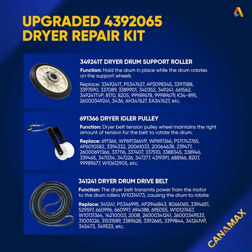 Vista 6 de Canamax 4392065 Kit de reparación de secadora con rodillos de tambor 349241T, correa 341241, 691366 tensor – Compatible con secadora Whirlpool