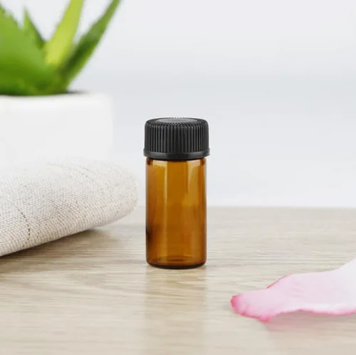 Vista 2 de Juego de 12 botellas de vidrio con tapa de rosca marrón, mini vial de aceite vacío (0.1 fl oz)