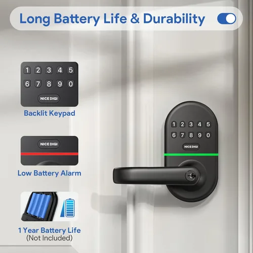 Vista 6 de Cerradura de puerta con teclado inteligente y asa: cerradura de puerta de entrada sin llave, digital electrónica, de código, fácil instalación