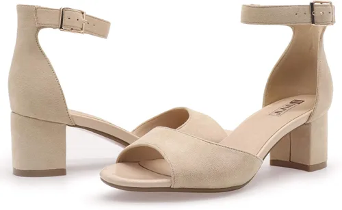 Vista 6 de IDIFU Sandalias de tacón bajo Candie para mujer, puntera abierta, correa gruesa al tobillo, zapatos de vestir de boda, 5