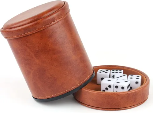 Vista 2 de Taza de dados de piel sintética marrón con tapa, taza de terciopelo interior silenciosa con 6 dados para juegos de dados mentirosos, Farkle/Yahtzee