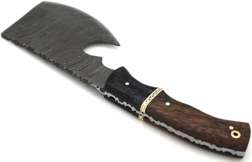 Vista 5 de Damascus Steel Collection Hacha de mango de madera de dos tonos con funda de cuero al aire libre caza camping hacha