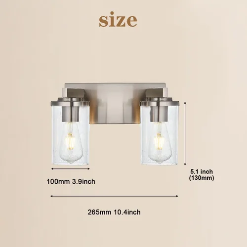 Vista 4 de BONLICHT Lámpara de pared de níquel cepillado de 2 luces con pantalla de cristal transparente, luces industriales de baño para interiores sobre