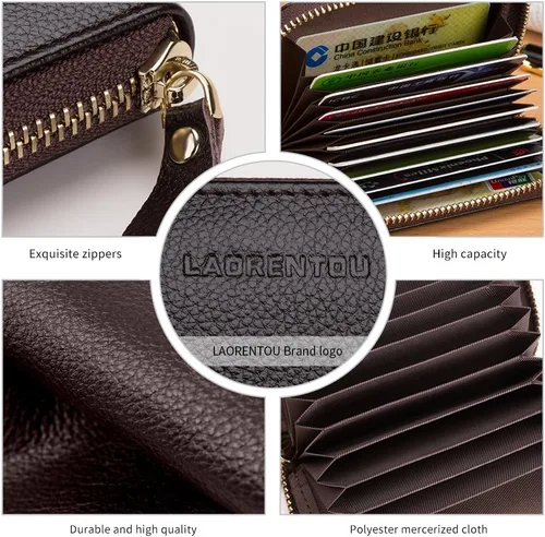 Vista 5 de LAORENTOU Hombres Cartera Cuero Genuino Titular De La Tarjeta Para Hombre Marca Negocios Licencia De Conductor De La Tarjeta De Crédito, Marrón 3