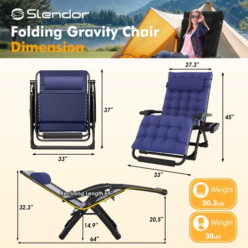 Vista 3 de Slendor Sillas de gravedad cero de gran tamaño XXL, silla reclinable Azul