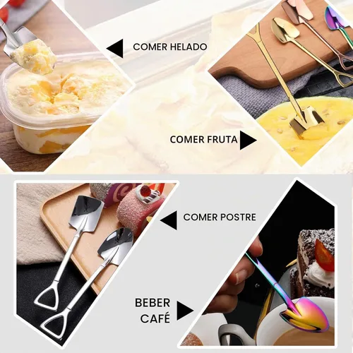 Vista 5 de 10 cucharas de pala de acero inoxidable, cucharas de postre reutilizables para café, té, helado, fruta y azúcar pastel