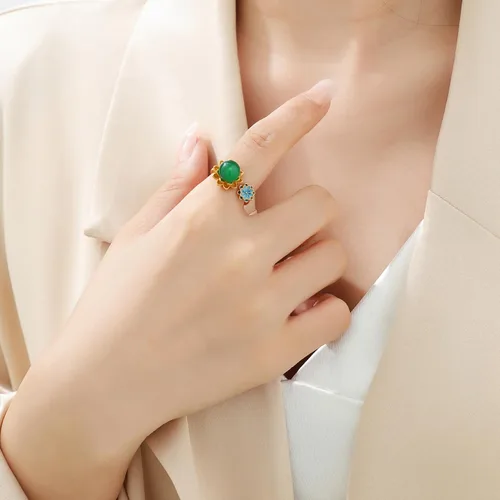 Vista 2 de Anillos de jade de loto chino para mujer, anillo étnico ajustable de apertura, Esmalte, No