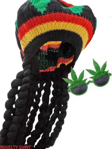 Vista 2 de NOVELTY GIANT WWW.NOVELTYGIANT.COM Rasta Dreadlock Reggae Jamaican Rhasta Hat wPot Leaf Gafas de sol