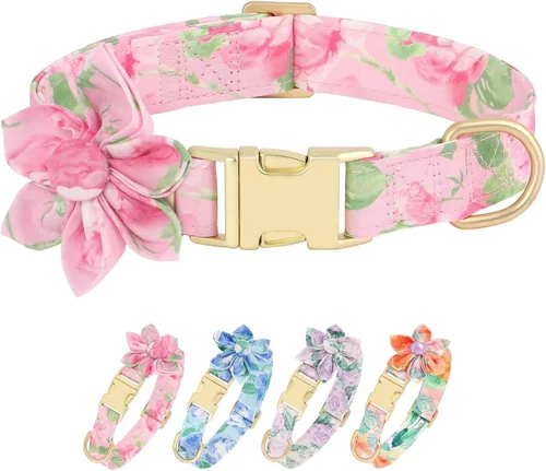 Vista 8 de Collares de perro femeninos Beirui con patrones florales vibrantes, collar de perro hembra con flores para caminar, collar ajustable duradero