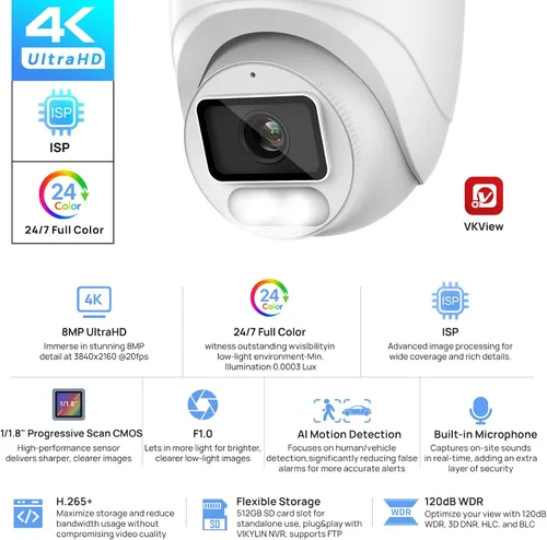 Vista 2 de VIKYLIN 8MP Full Color PoE IP Camera Outdoor with F1.0 Large Aperture Lens Cool white/8MP