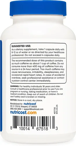 Vista 4 de Nutricost Pastillas de cafeína 100 mg por porción, 250 cápsulas