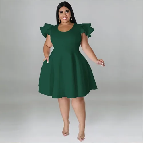 Vista 4 de C.AMOUR Womens Plus Size Swing Dress Short Ruffle Sleeve Round Neck Wedding Party Cocktail Dresses with Pockets
