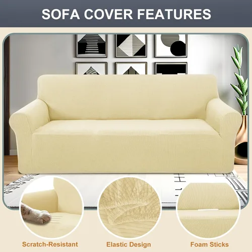 Vista 2 de Funda elástica para sofá, lavable, protector de muebles con espuma antideslizante y parte inferior elástica para niños, perros (sofá biplaza/beige)