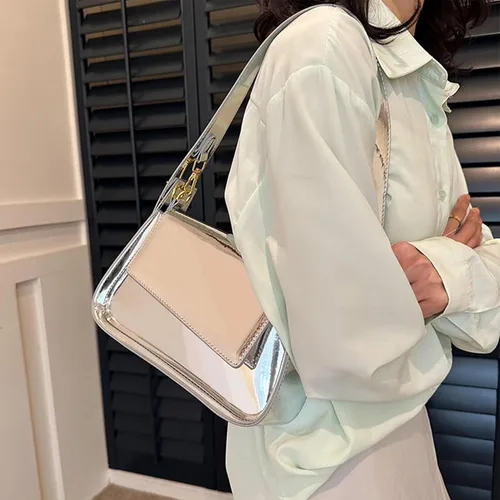 Vista 3 de Bolso de hombro pequeño para mujer, lindo bolso de mano hobo de noche, bolso de mano Y2K plateado brillante para fiesta, graduación, boda, B plateado