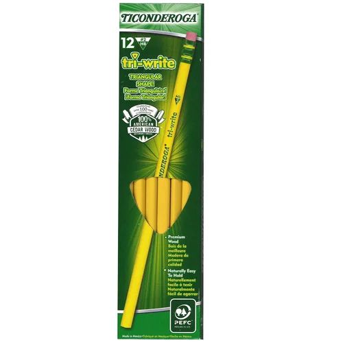 Vista 5 de Ticonderoga® Lápices Tri-Write, con borradores, plomo #2, amarillo, paquete de 36 y lápices triangulares Tri-Write, carcasa de madera #2 HB suave