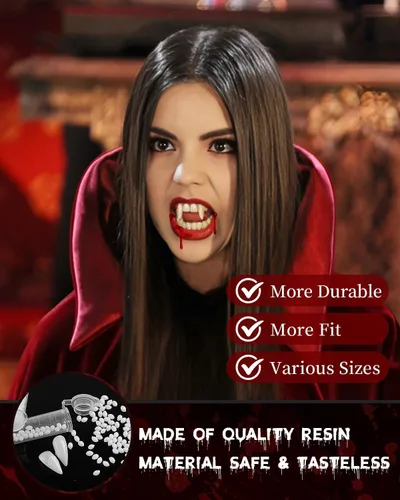 Vista 5 de TLPUHU 4 pares de dientes de vampiro, 4 tamaños de colmillos de vampiro para Halloween Cosplay