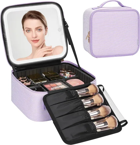 Vista 12 de Relavel Bolsa de maquillaje pequeña de viaje con espejo LED en luz de 3 01-Negro