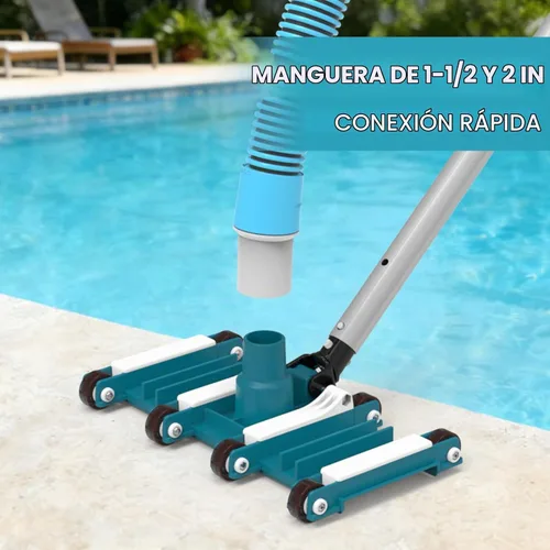 Vista 2 de POOLWHALE Cabezal de aspiradora de piscina flexible de 14" con ruedas, mango de control de dirección giratoria para piscinas enterradas y sobre