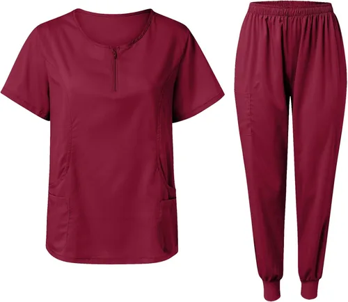 Vista 7 de Conjunto de uniforme médico para mujer, elástico en 4 direcciones, bolsillos ligeros, cuello en V, conjunto de ropa quirúrgica con cordón elástico