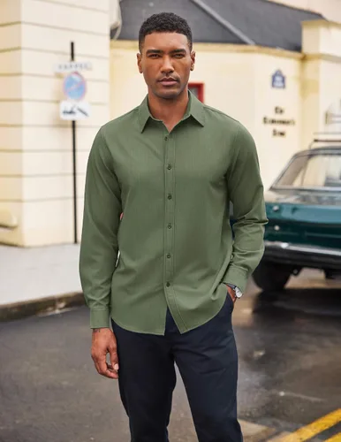 Vista 3 de COOFANDY Camisa de vestir casual de mezclilla con botones y manga larga para hombre