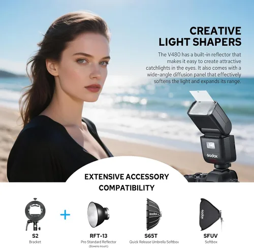Vista 8 de Godox V480-S V480 Flash para Sony, Speedlite con Pantalla Táctil, GN50 de Alta Salida, Carga USB-C, Reciclaje Rápido de 1.7s, 650 Parpadeos