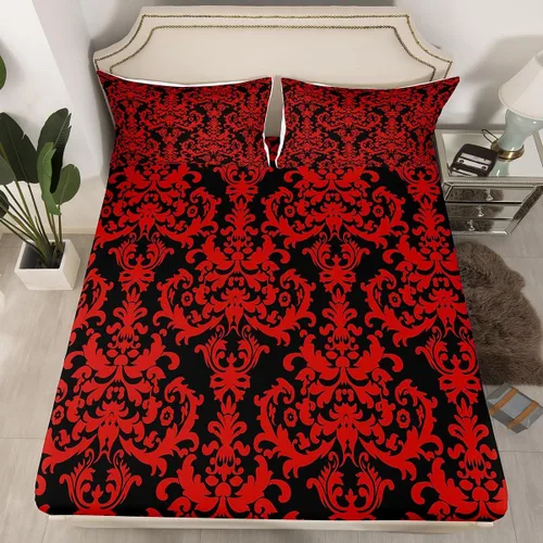 Vista 4 de Erosebridal Juego de sábanas de damasco con diseño floral, tamaño individual, gótico, rojo y negro, juego de sábanas de flores barrocas victorianas
