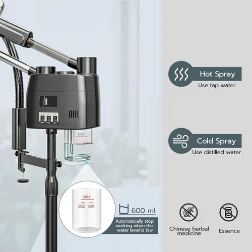 Vista 5 de Paddie Vaporizador facial profesional 3 en 1 sobre ruedas para esteticista, niebla fría y caliente, lámpara de aumento LED 5X, color negro