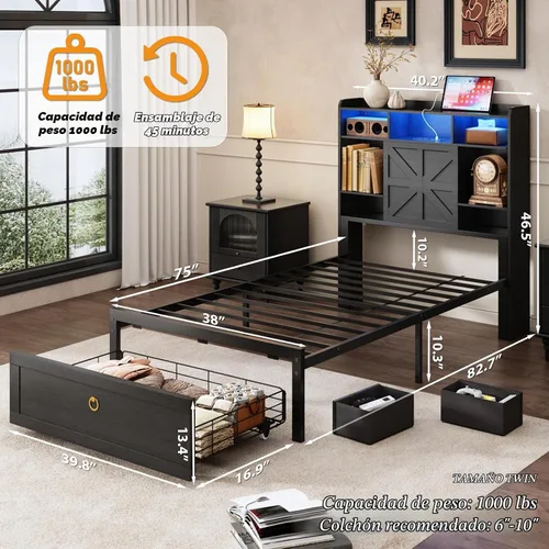 Vista 2 de TIGUBFRE - Base de cama individual con cabecera de almacenamiento, base de cama de madera estilo granja tamaño individual con 3 cajones, luz LED