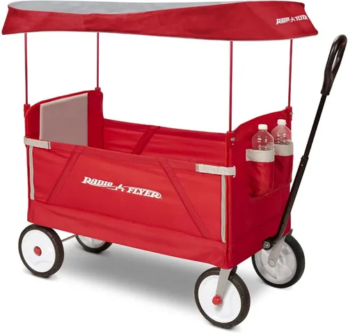 Vista 10 de Carrito plegable Radio Flyer para niños, carro rodante, cochecito de bebé, carrito de playa, carrito plegable 3 en 1 EZ con toldo, color rojo