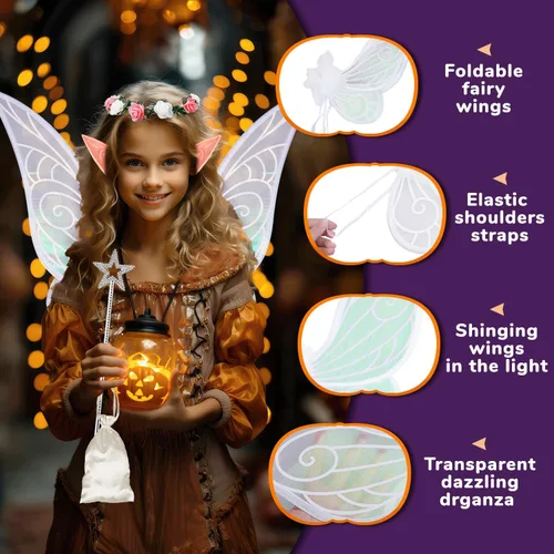 Vista 3 de MOVINPE Halloween Fairy Wings Elf Ears Fairy Wand Floral Headband Lace Sleeve Little Bag Dress Up Accessories for Women Girls