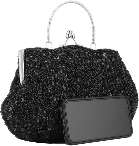 Vista 4 de Vistatroy Bolso de noche de diseñador floral con cuentas con diseño de lentejuelas vintage con cerradura de besos bolso de mano de satén para boda