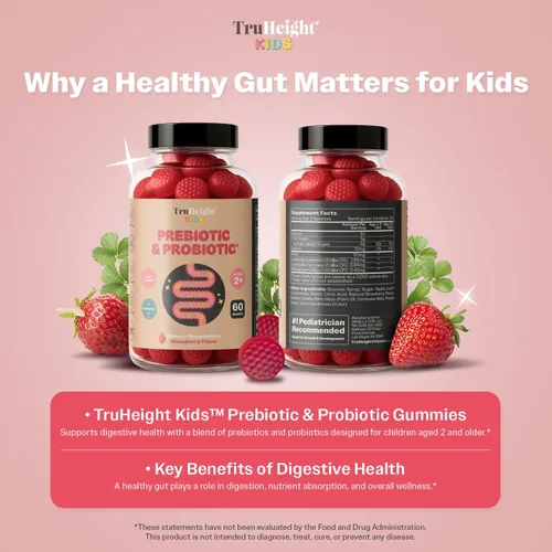 Vista 4 de TruHeight Gomitas prebióticas y probióticas para niños a partir de 2 años (sabor a fresa) para niños pequeños y niños, salud intestinal natural