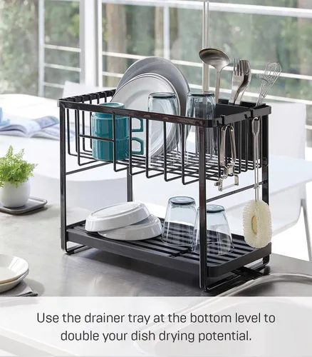 Vista 4 de YAMAZAKI Home Tower - Escurridor de platos ajustable de dos niveles, estante de secado compacto con ganchos, soporte para utensilios, acero