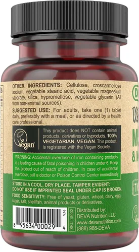 Vista 5 de DEVA Multivitamínico vegano para mujeres y hombres con hierro, vitamina C, E, vitaminas del complejo B, zinc, 90 tabletas pequeñas