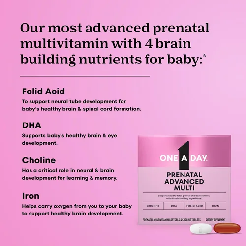 Vista 3 de One A Day Vitaminas prenatales avanzadas prenatales con ácido fólico, colina, DHA y hierro, vitaminas para el embarazo para mujeres para apoyar
