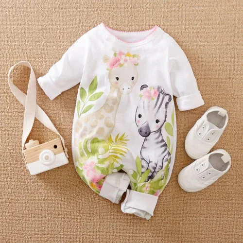 Vista 2 de Linda jirafa + cebra con estampado floral de manga larga para bebé niña, mono blanco para mameluco de una pieza