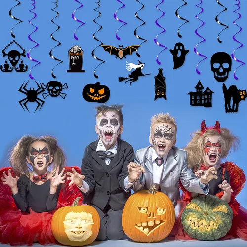Vista 6 de Decoración para fiesta de Halloween, murciélagos, brujas, serpentinas, 12 piezas espeluznantes de fantasmas, calaveras, esqueletos, calabaza, gatos