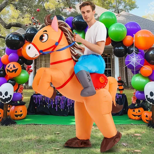 Vista 4 de KOOY Disfraz inflable de caballo para adultos, disfraz de caballo de vaquero, divertido traje de caballo para hombres y mujeres, fiesta de Halloween