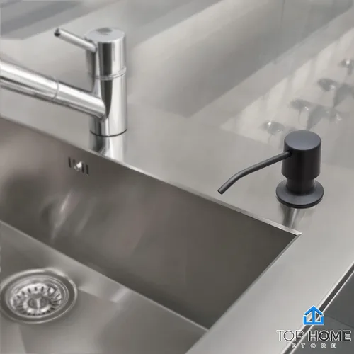 Vista 4 de Dispensador de jabón para fregadero de cocina, bomba de acero inoxidable mate negro para encimera, botella grande con repuesto superior
